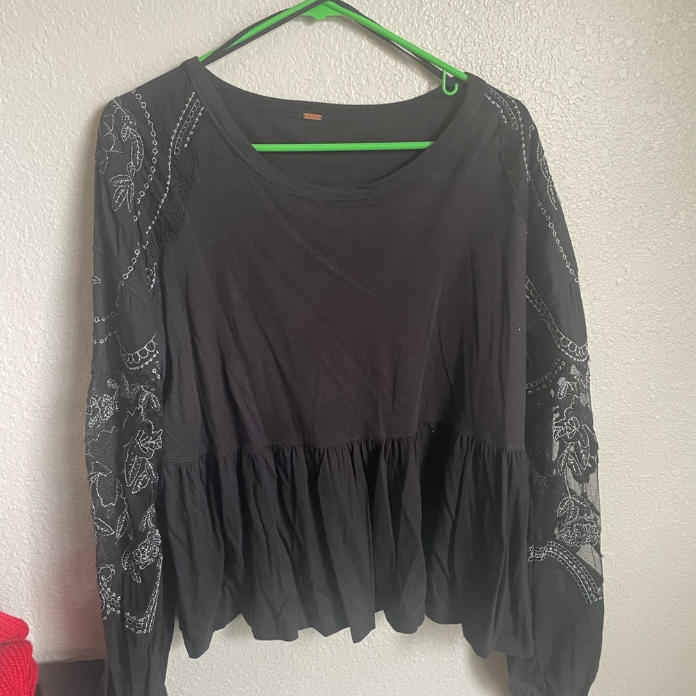 Black Women's Top with Patterned Sleeves